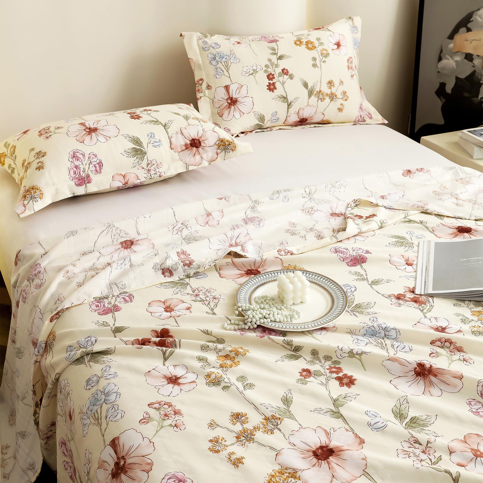 Story@Home King Size Bedsheet | Cloud Cotton Flatsheet King Size with Two Pillow Covers| Super Soft Bed Sheet for King Size Bed | Floral Design (270 x 250 cm, Off White & Red) image 5