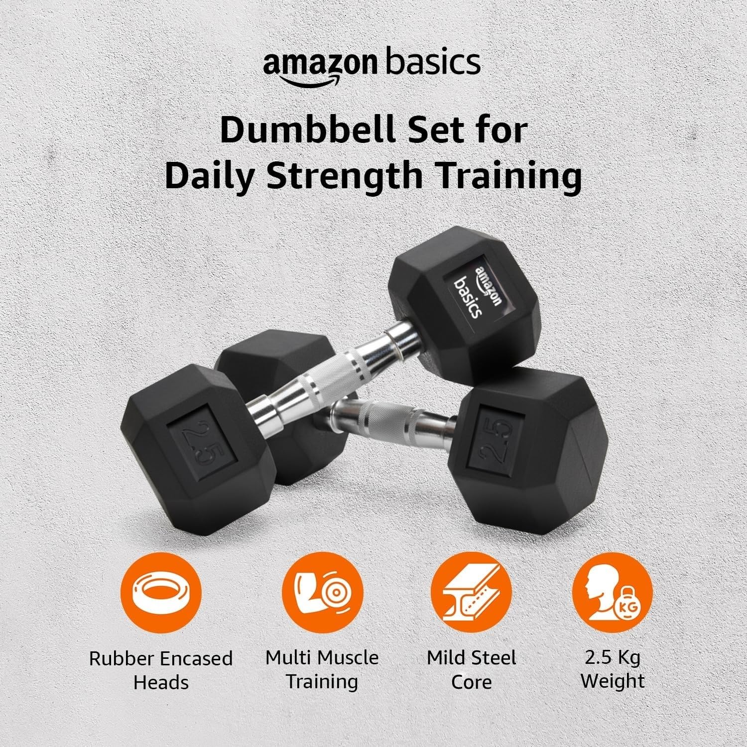 amazon basics Rubber Encased Hex Dumbbell Weight Set Of 2, 2.5 Kg,Black image 2