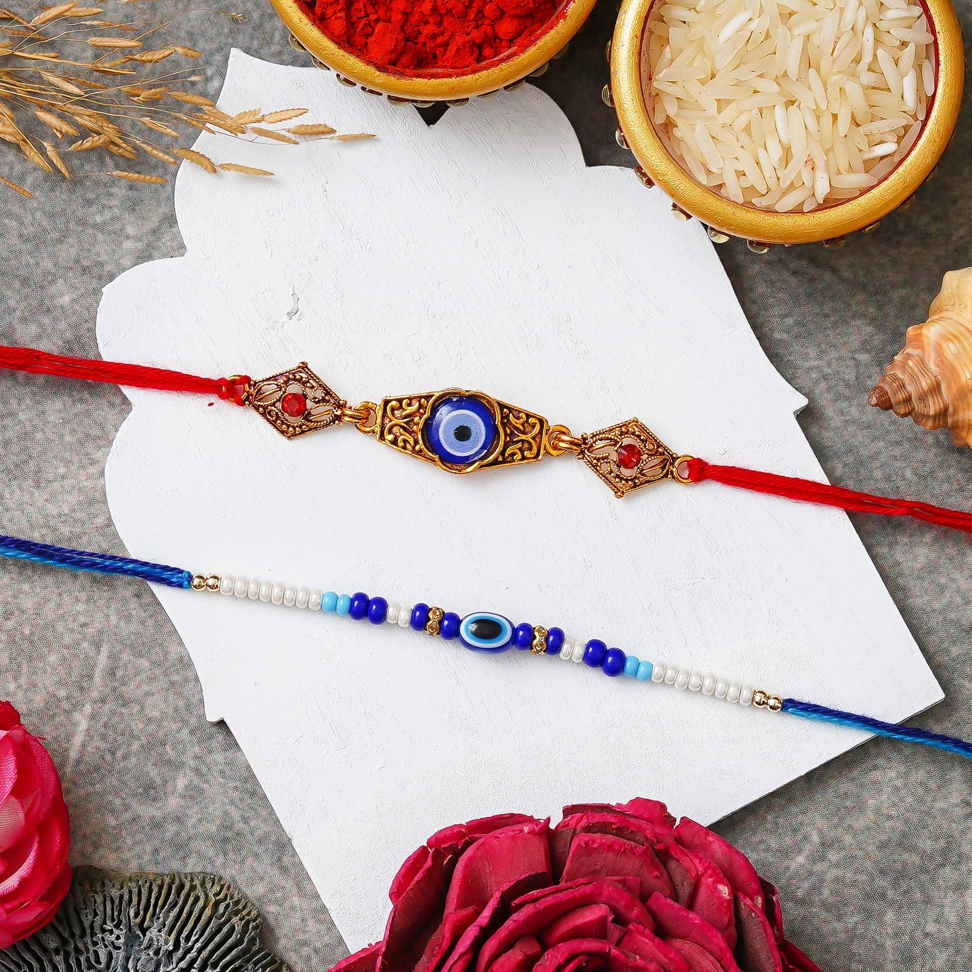 eCraftIndia Set of 2 Designer Evil Eye Rakhis for Brothers with Best Bro Ever Fridge Magnet | Roli Chawal Pack image 5