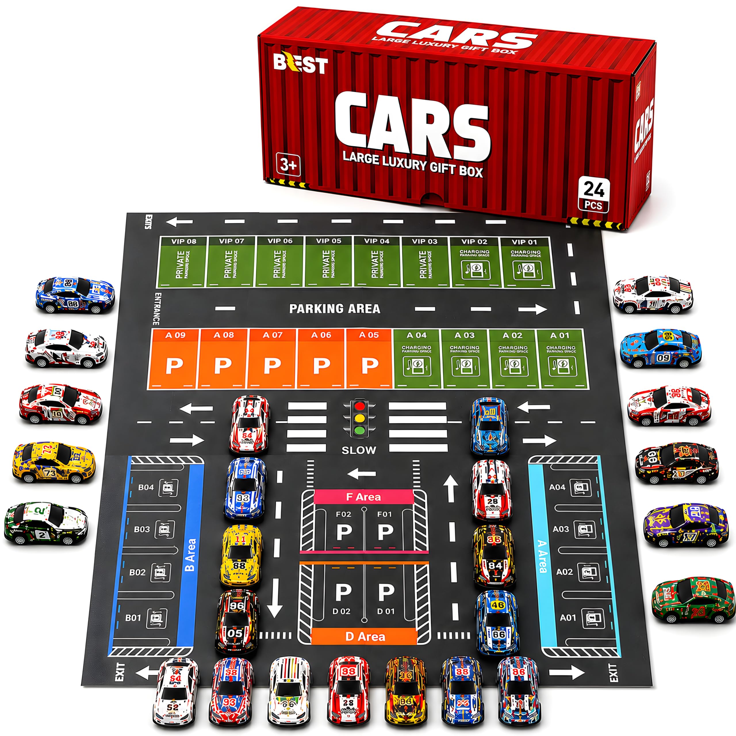 Cable World 24 Pcs Die-Cast Metal Toy Cars for Kids with Car Storage Container & Thick Paper Parking Play Board, Pull Back Racing Cars, Large Luxury Gift Box, Toy Car Set for Kids