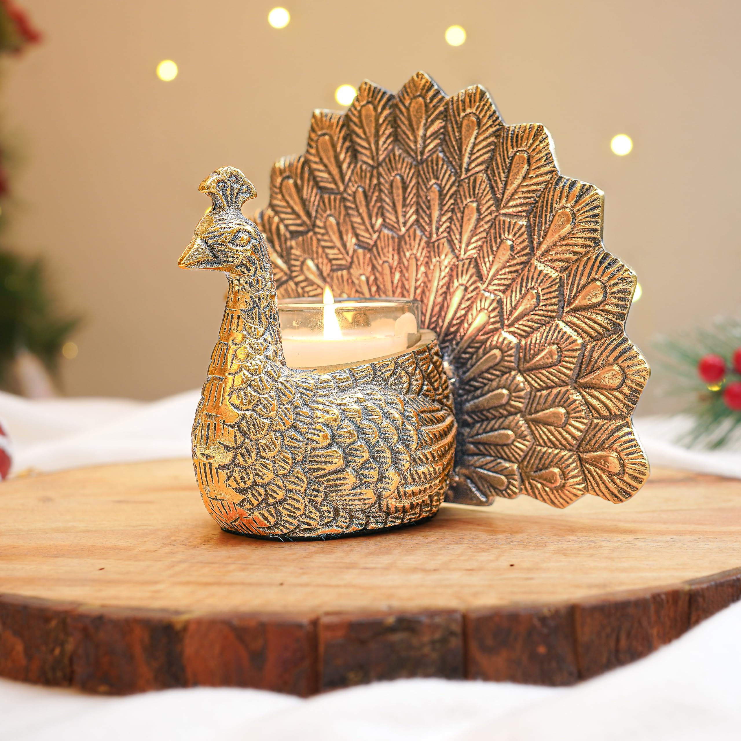 BEHOMA Metal Gold Dancing Peacock for Home Décor | Valentine’s Day, Birthday, Wedding Anniversary Romantic Gift for Women | Good Luck & Love Showpiece with Scented Glass Votive Candle (Golden,18.5cm)