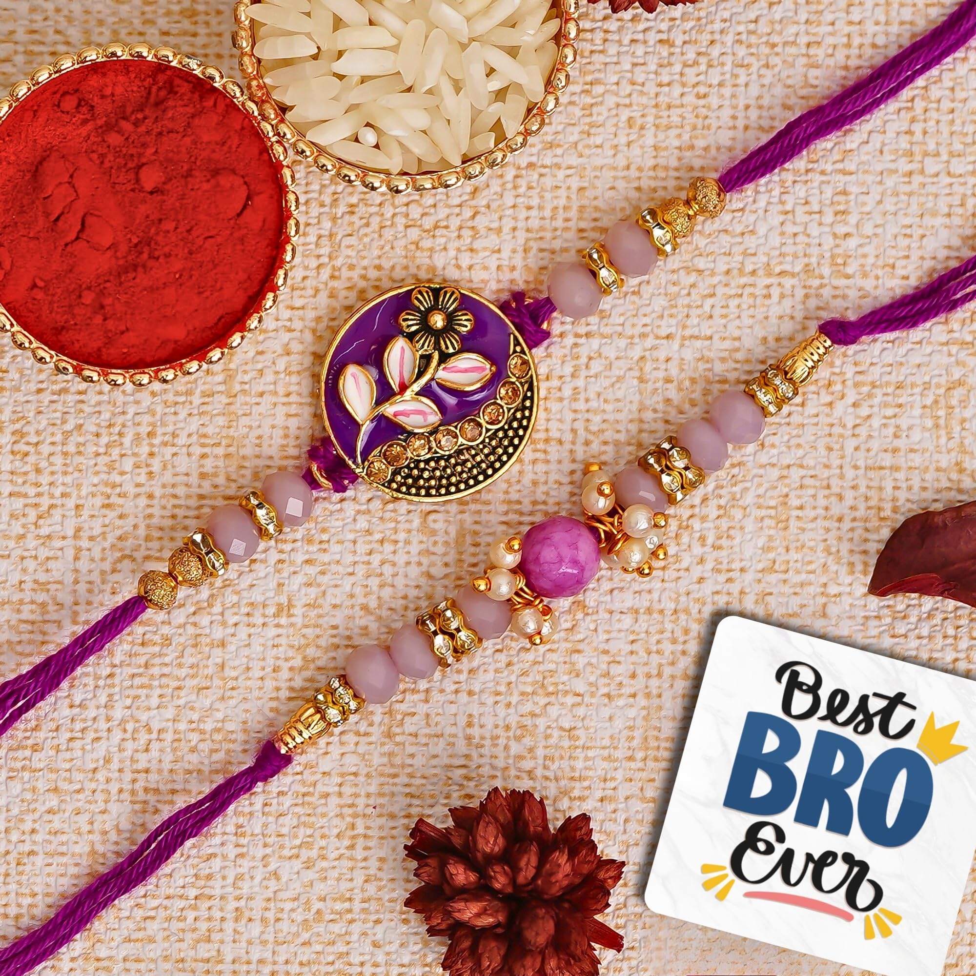 eCraftIndia Set of 2 Purple Floral & Pearl Designer Rakhis with Roli Chawal Pack and Best Bro Ever Fridge Magnet