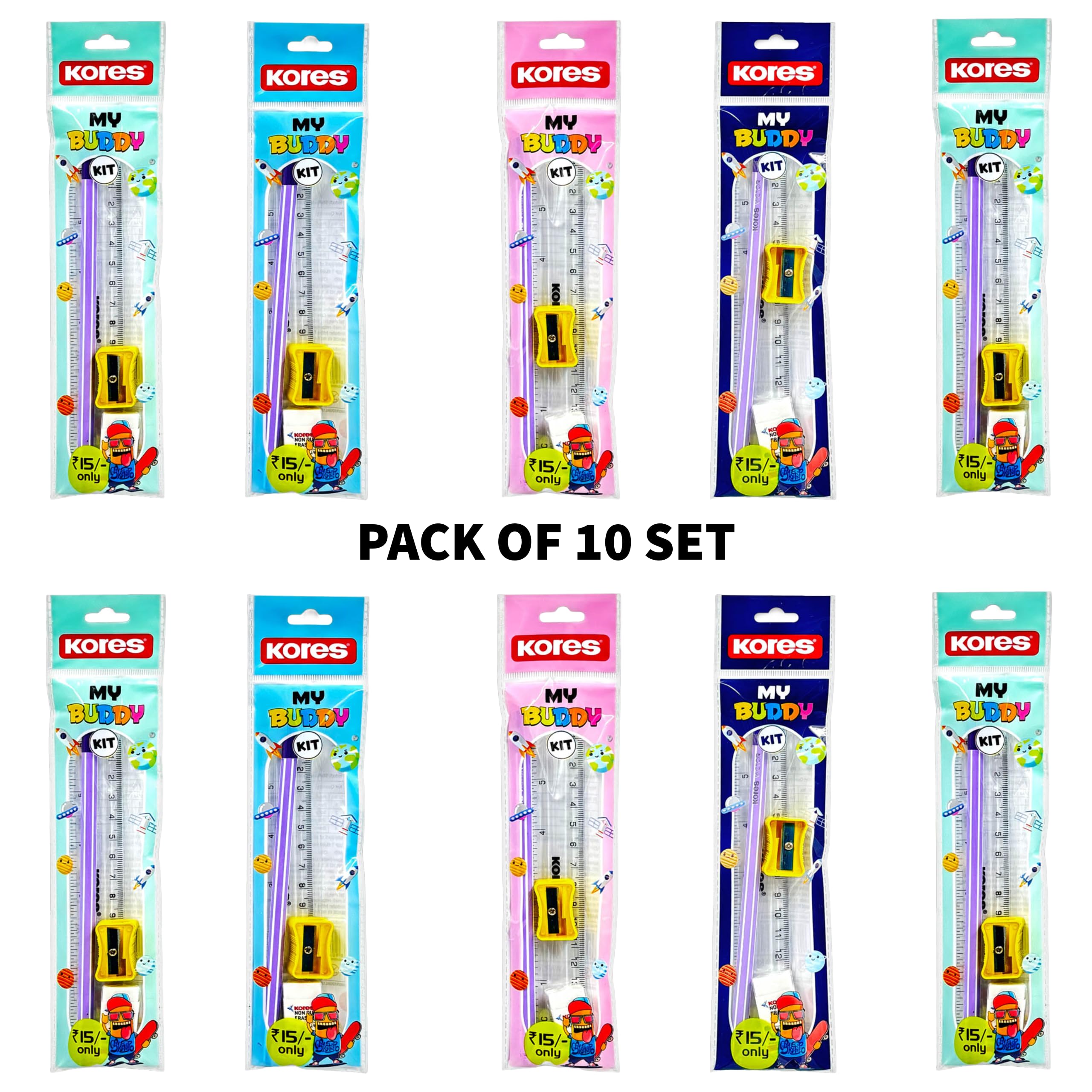 Kores My Buddy Kit Stationery Set, Pack of 10 | Pencil, Scale, Sharpener & Eraser | Kanjak Gift for Kanya Pujan & Navratri | Kids Return Gift image 2