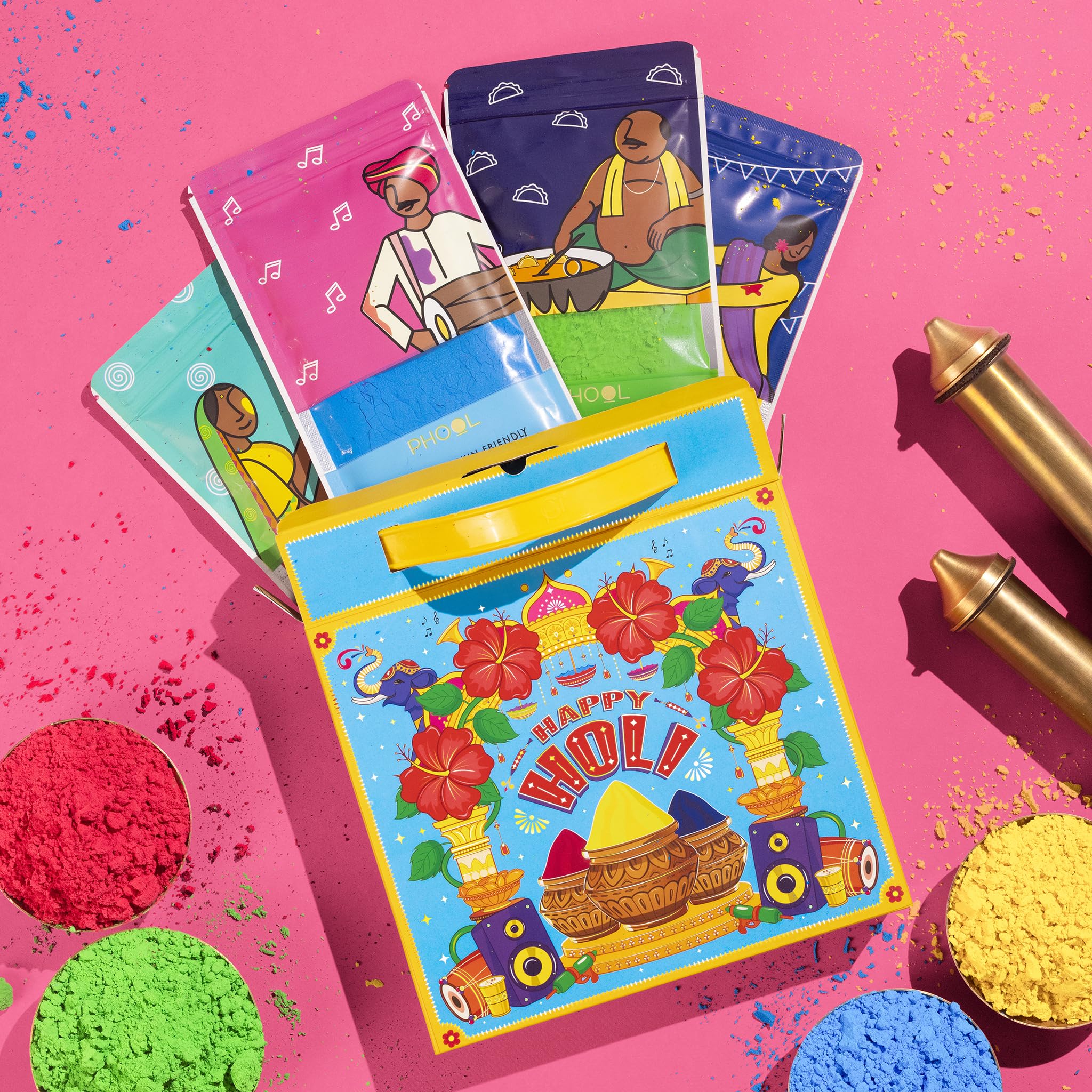 Phool 4 Pack Holi Colour- Party Pack, Pink Blue Green Yellow, | 300 GMS gulal | Herbal and Organic Color | Skin Safe Certificate | Gulal for Kids & Family with Interactive Greeting Card image 4