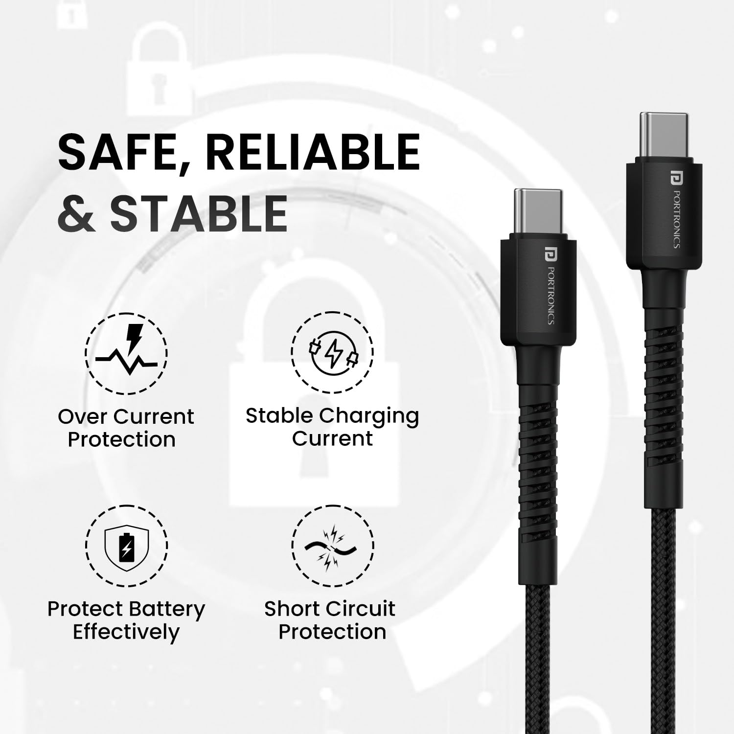 Portronics Konnect X 60W Type C to Type C Unbreakable Nylon Braided Cable, 1M Fast Charging Cable for iPhone 15 series, iPad, Samsung Galaxy & other Type C Devices(Black) image 2