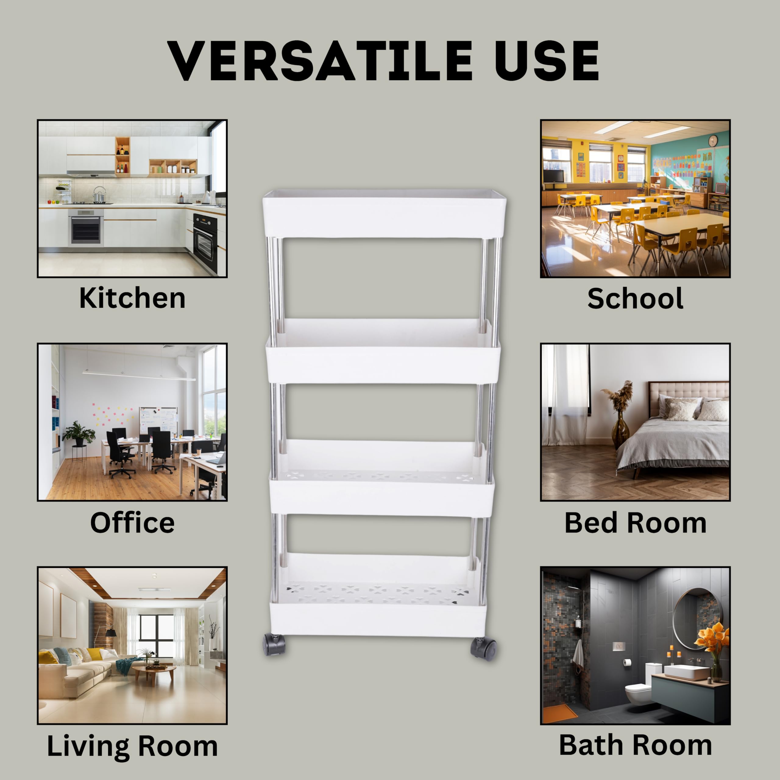 Multipurpose Storage Organizer Slim Rack Shelf with Wheels for Living Room, Office, Bedroom, Bathroom, Kids Room, Kitchen Trolley (White, 4 Layer) Plastic image 3