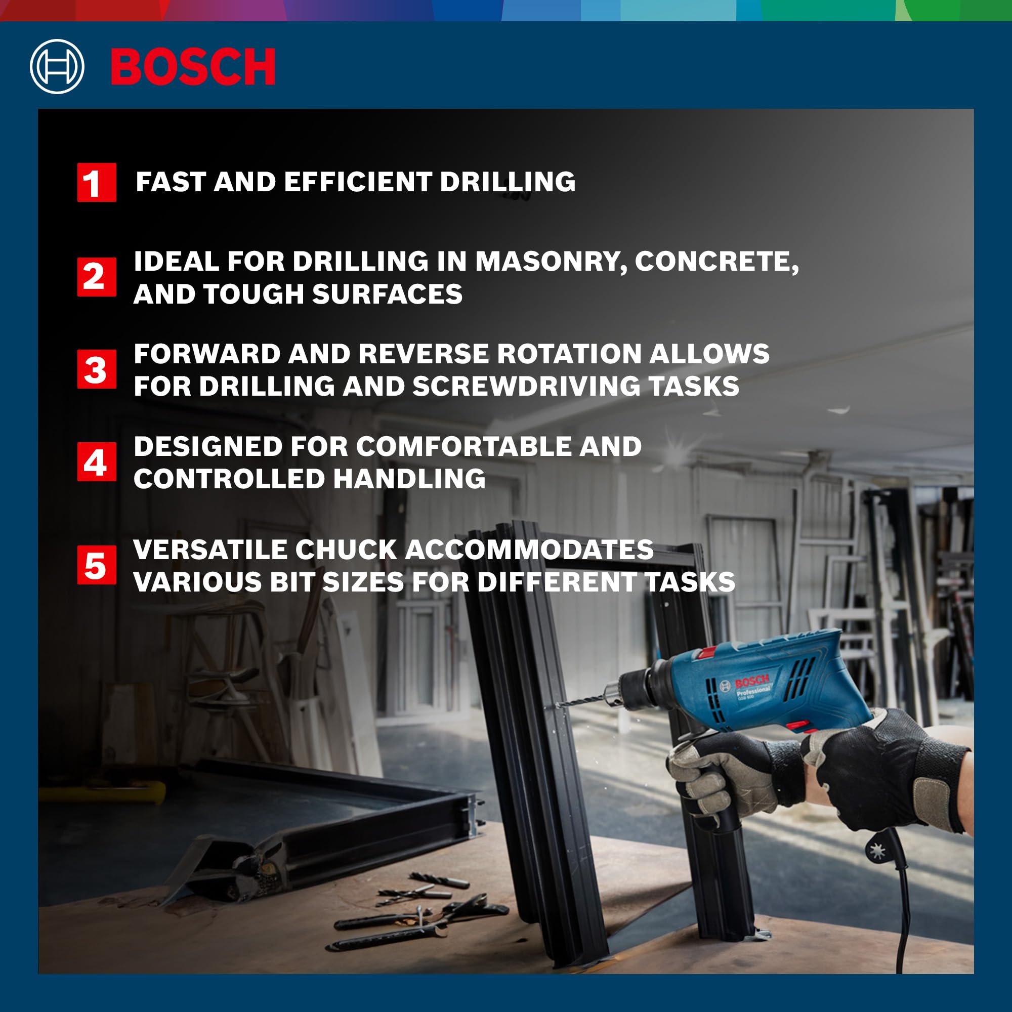 BOSCH GSB 600 Corded Electric Impact Drill, 100Pcs Accessory Set | 600 W Motor | Speed of 3000 RPM | Rated Torque of 1.4 Nm | Impact rate of 48000 BPM | Double Insulation | 1 Year Warranty image 3