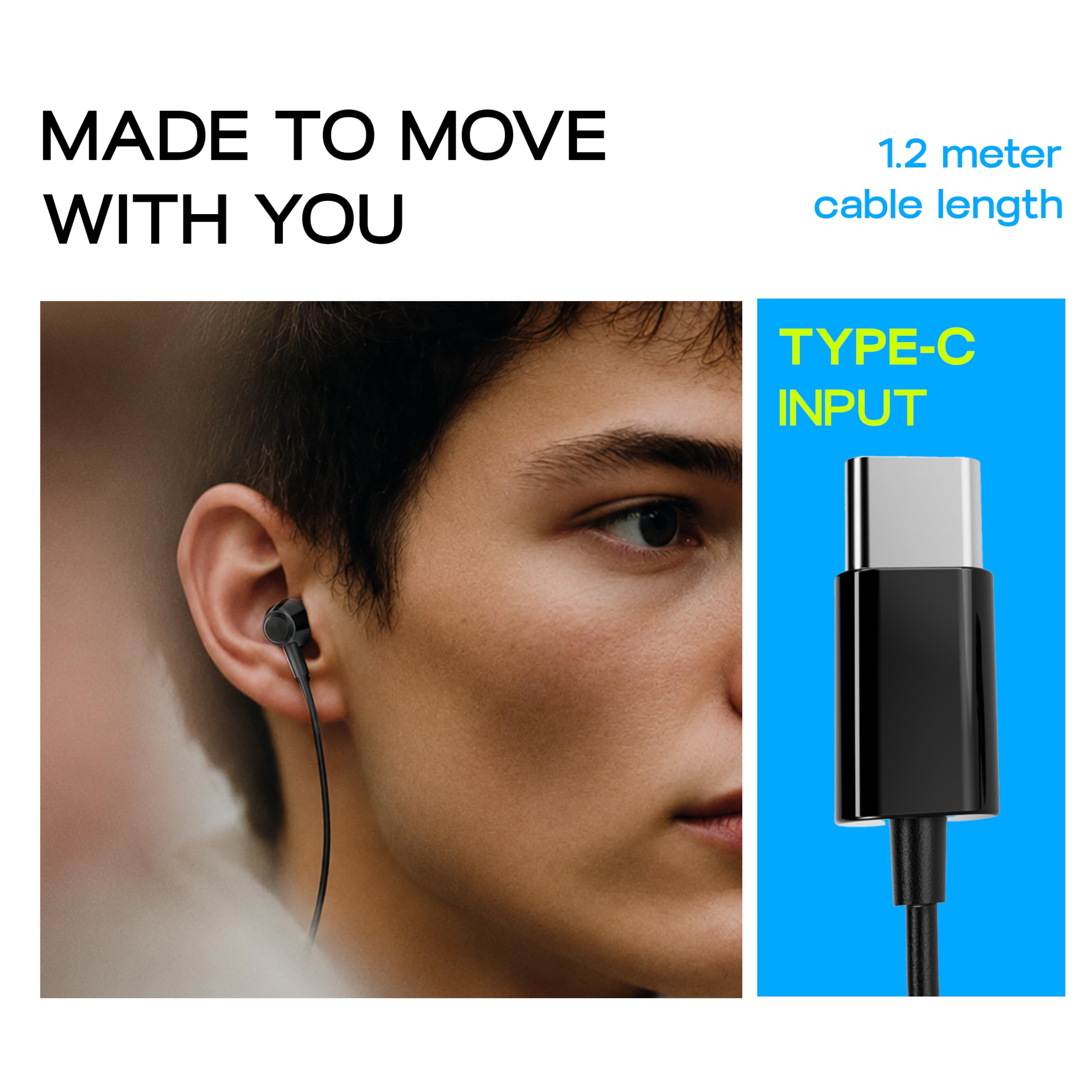 GOBOULT WiredX 500 Earphones with Type-C Input, 13mm Bass Drivers, Inline Controls, IPX5, Earphones Wired Headphones with mic image 5