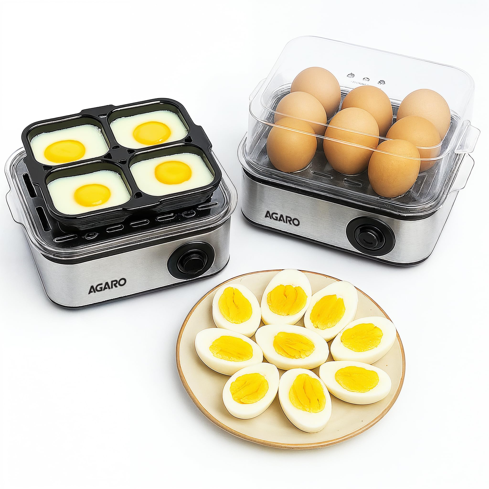 AGARO Grand Egg Boiler And Poacher, 2-in1 Boils 8 Eggs, Poach 4 Eggs, Steamed Vegetables, 3 Boiling Types, Stainless Steel Body, Transparent Lid, 500W, Silver