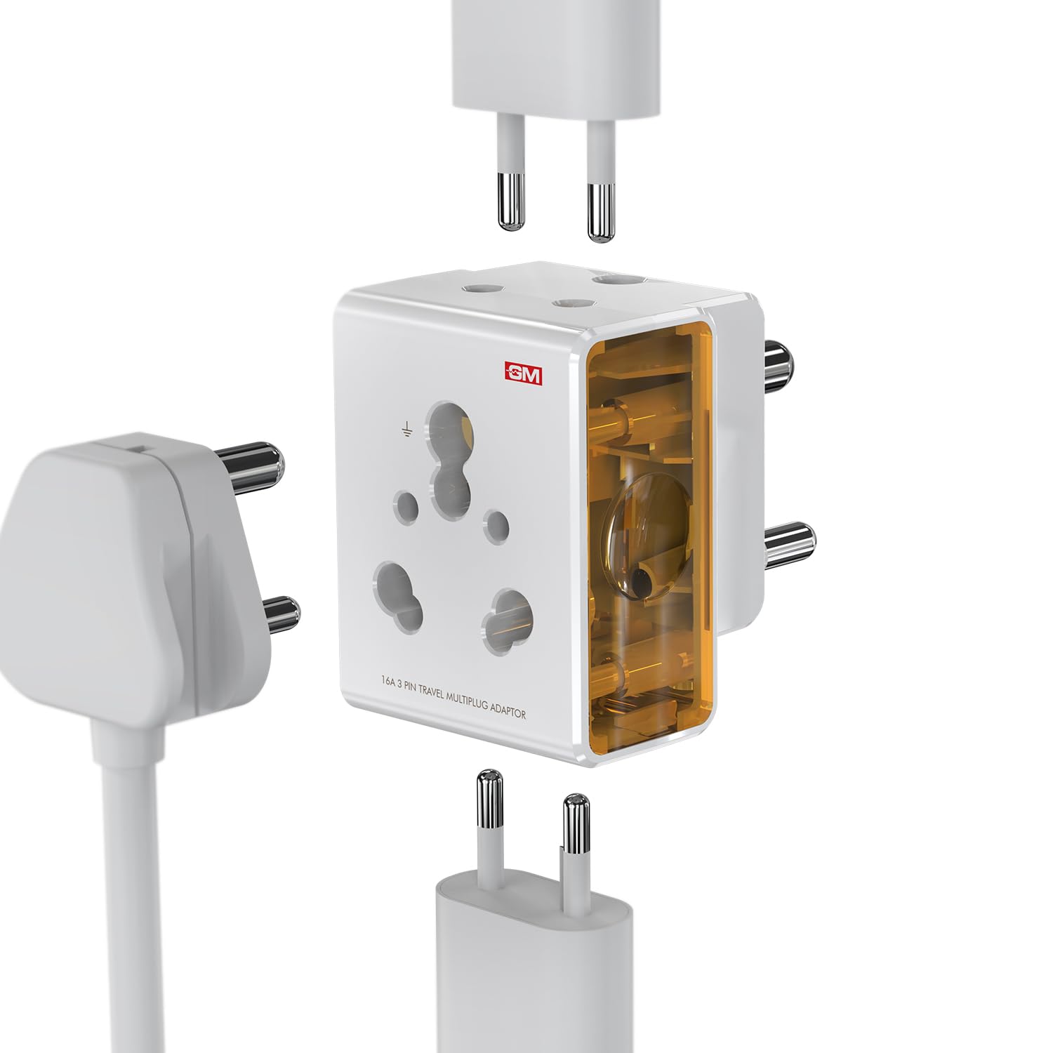 GM 3050 16 Amp 3 Pin Multi Plug Travel Adaptor - Universal Power Adapter Suitable for Class I & II Electrical Appliances, White