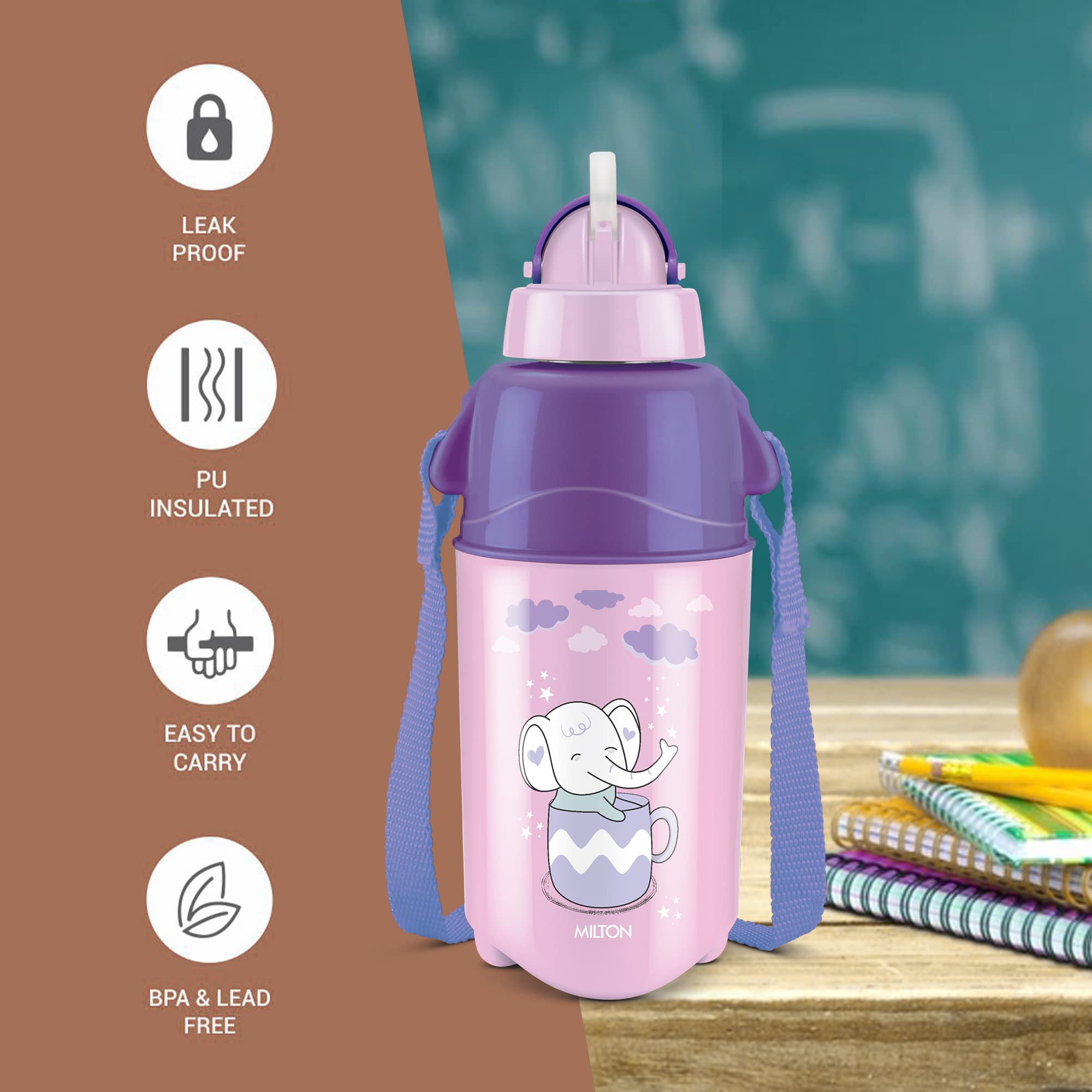 Milton Kool Trendy 400 Kids Plastic Insulated Water Bottle with Straw, 370 ml, Sipper Bottle, Leak Proof, BPA Free, Food Grade, School & Picnic Bottle, Purple image 2