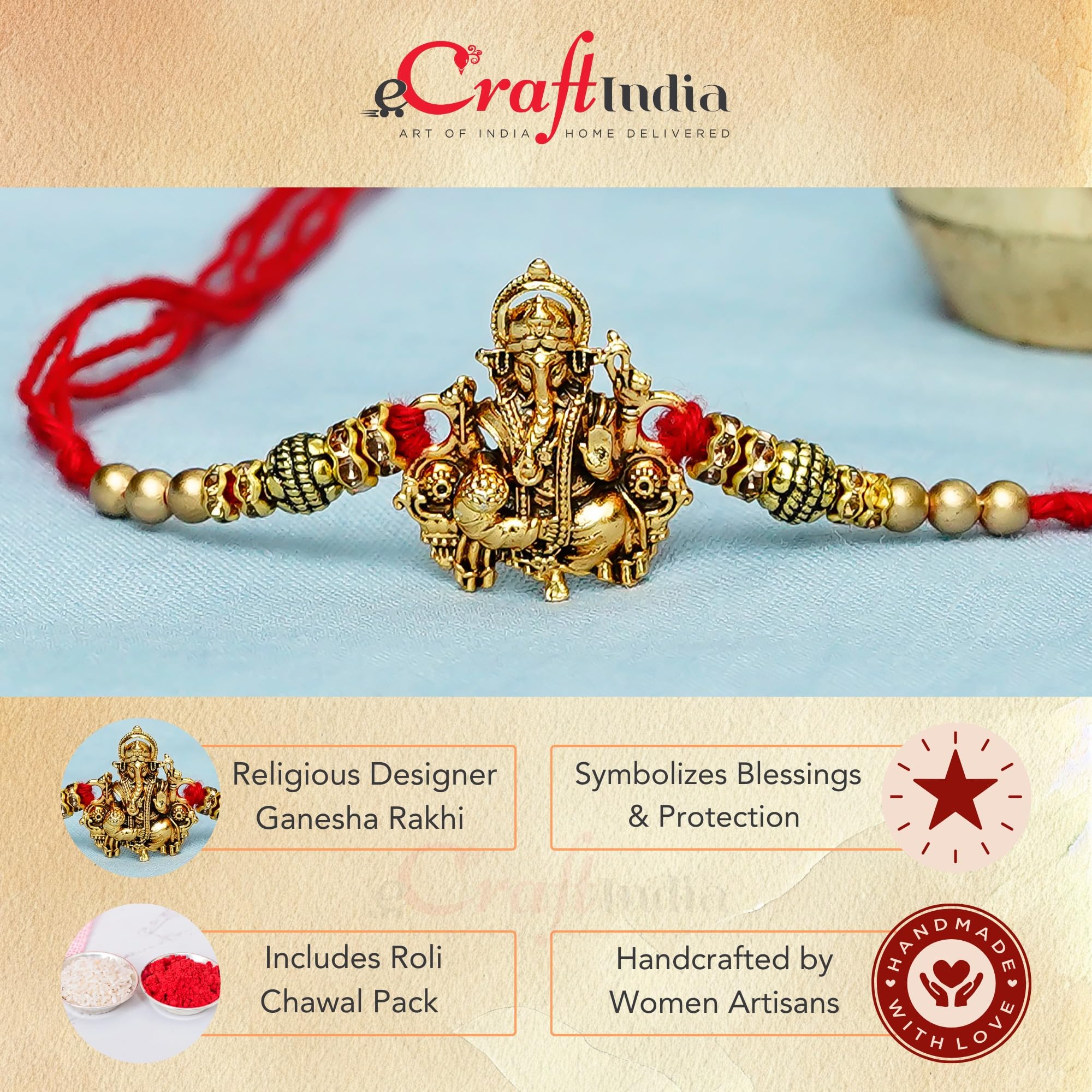 eCraftIndia Golden Religious Designer Ganesha Rakhi with Red Thread and Roli Chawal Pack and Best Bro Ever Fridge Magnet - Rakhi for Brother, Bhaiya, Bhai image 5