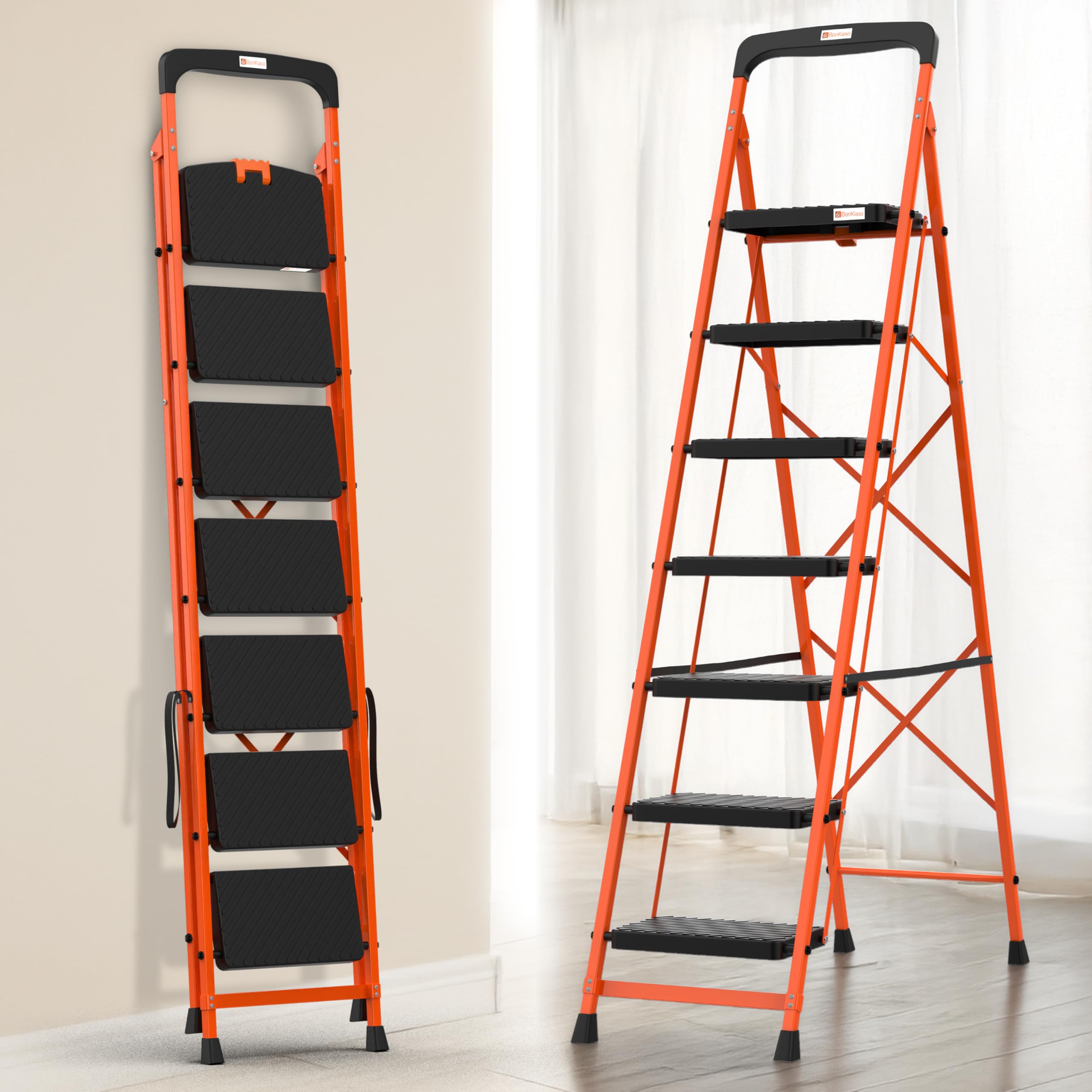 BonKaso Climb Easy 7 Step Foldable Steel Kitchen Ladder for Indoor & Outdoor use with Safety Clutch Lock, Anti-Slip Wide Durable Plastic Steps, Support Handle & Tool Tray (Orange & Black)