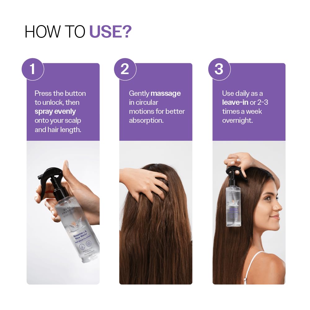 Bare Anatomy Nature x Science Rosemary Water Spray for Hair Growth & Hair Thickness with Rice Water | 100% Natural Extract | Soft & Smooth Hair | Controls Hairfall & Adds Shine | Non-Greasy & Fast Absorbing | 200 ml image 5