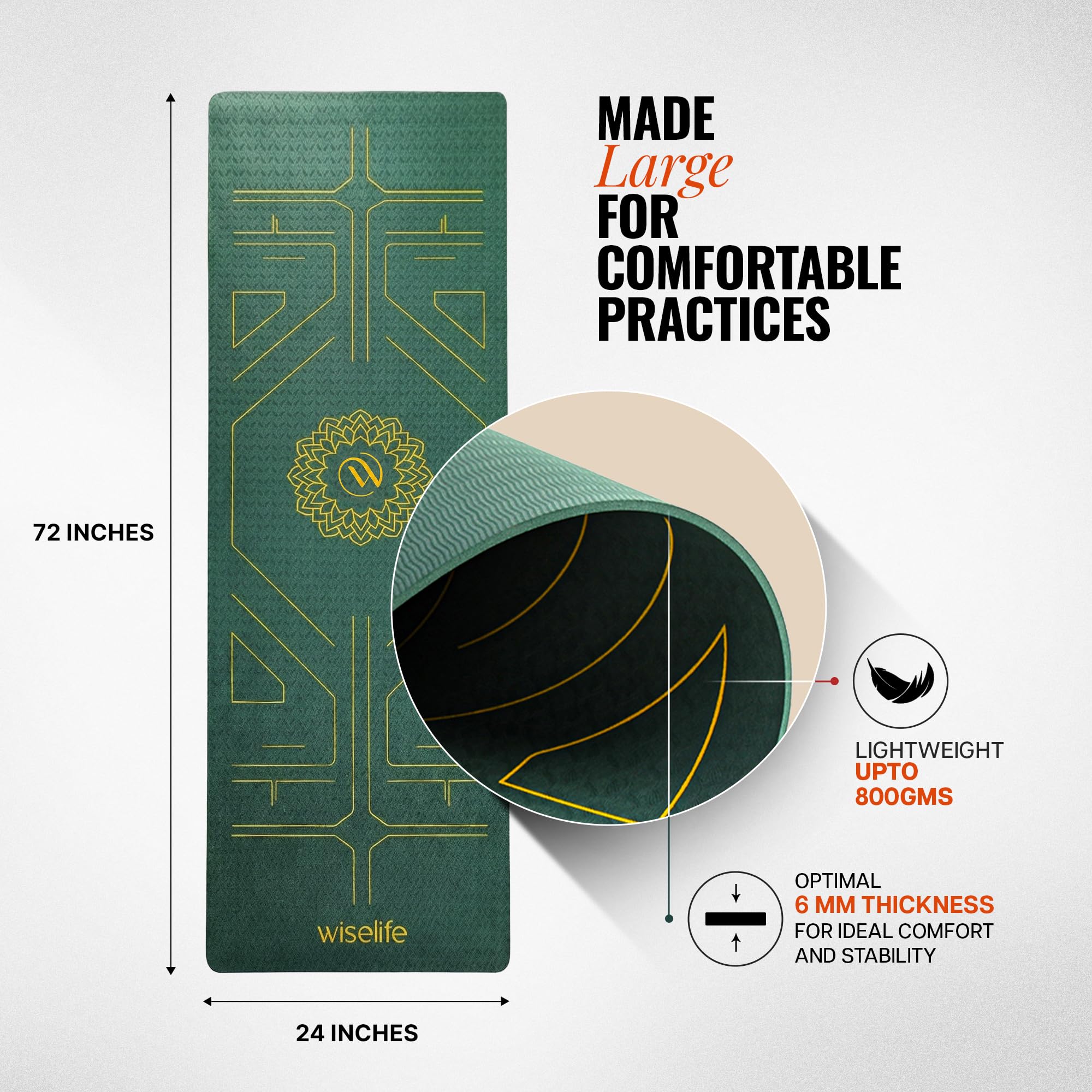 Wiselife True Alignment Yoga Mat + Sleek Yoga Strap For Men And Women (Probalance Tpe Material 6Mm Extra Thick Extra Long Extra Wide) (Emerald) image 4