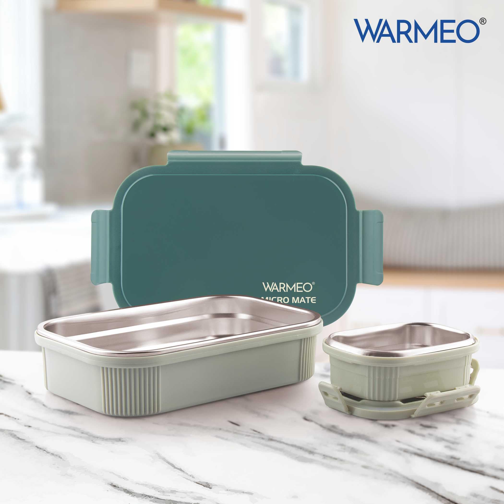 WARMEO MICROMATE Microwave-Safe Stainless Steel Lunch Box, Bpa Free, Perfect for Office, School, Travelling, Combo(800ml+150 ml),Green image 3