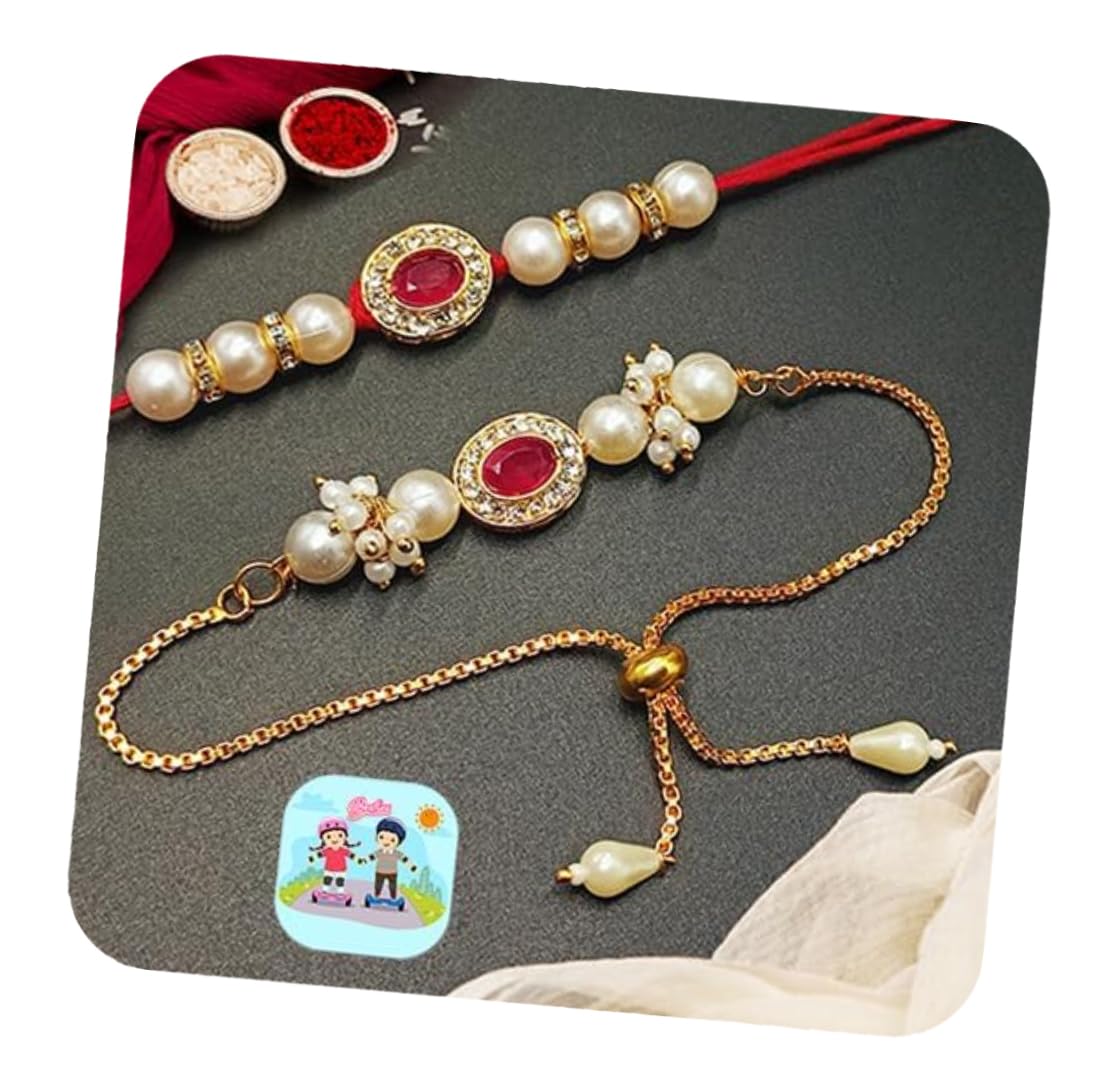 CraftVatika Rakhi Combo Set for Brother and Bhabhi Premium Lumba Floral Rakhi Kundan Bracelet for Bhaiya Men Bhabhi Women Raksha Bandhan Couple Pearl Set of 2 for Unisex Adult