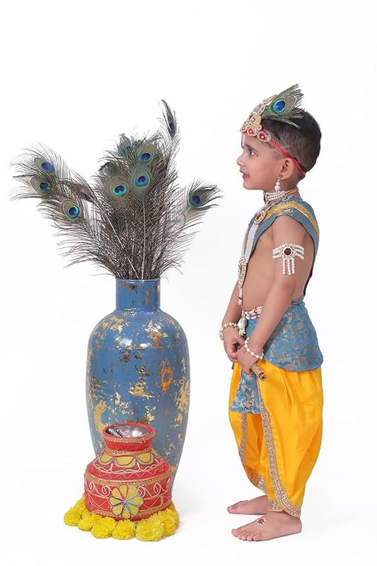 INTERNATIONAL Krishna Dress for Kids | Baby Krishna Costume with Jewellery Accessories| Yellow Ferozi Designer Krishna Outfit for Boys & Girls|Bal Gopal Fancy Dress for Janmashtami & Festivals image 4